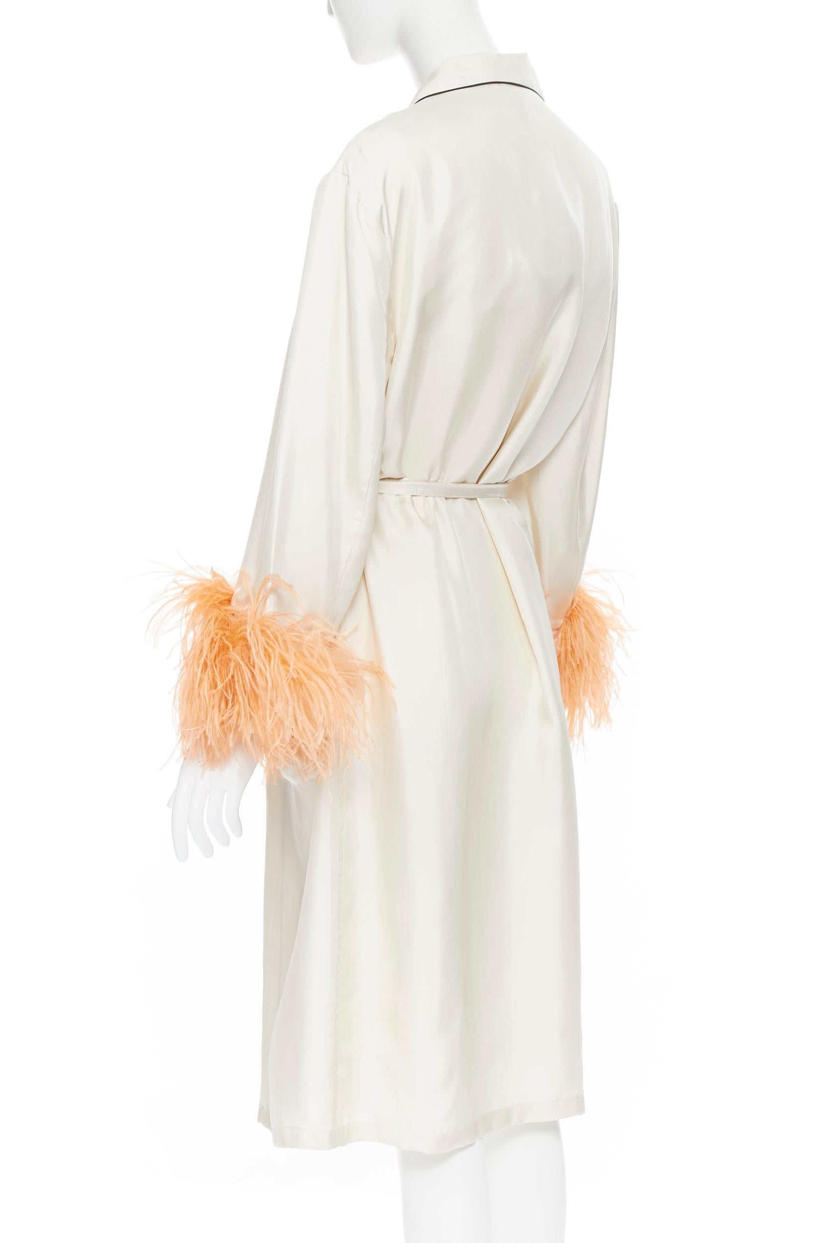 Women's new PRADA 100% silk beige black piping orange feather cuff robe coat Rihanna M