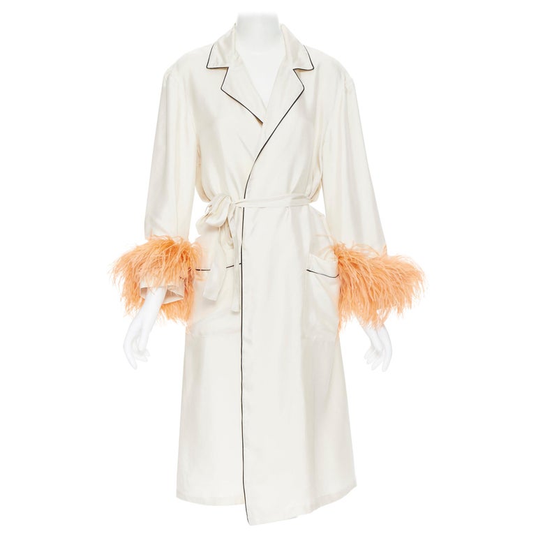 new PRADA 100% silk beige black piping orange feather cuff robe coat  Rihanna M at 1stDibs