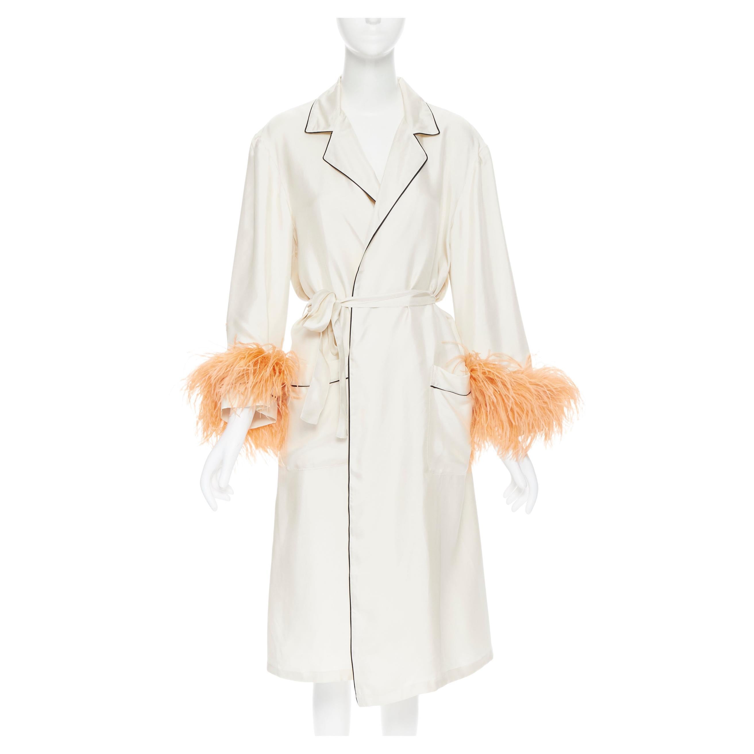 new PRADA 100% silk beige black piping orange feather cuff robe coat Rihanna M