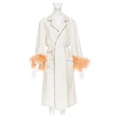 new PRADA 100% silk beige black piping orange feather cuff robe coat Rihanna M