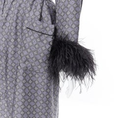 new PRADA 100% silk blue green paisley print black feather cuff robe jacket M