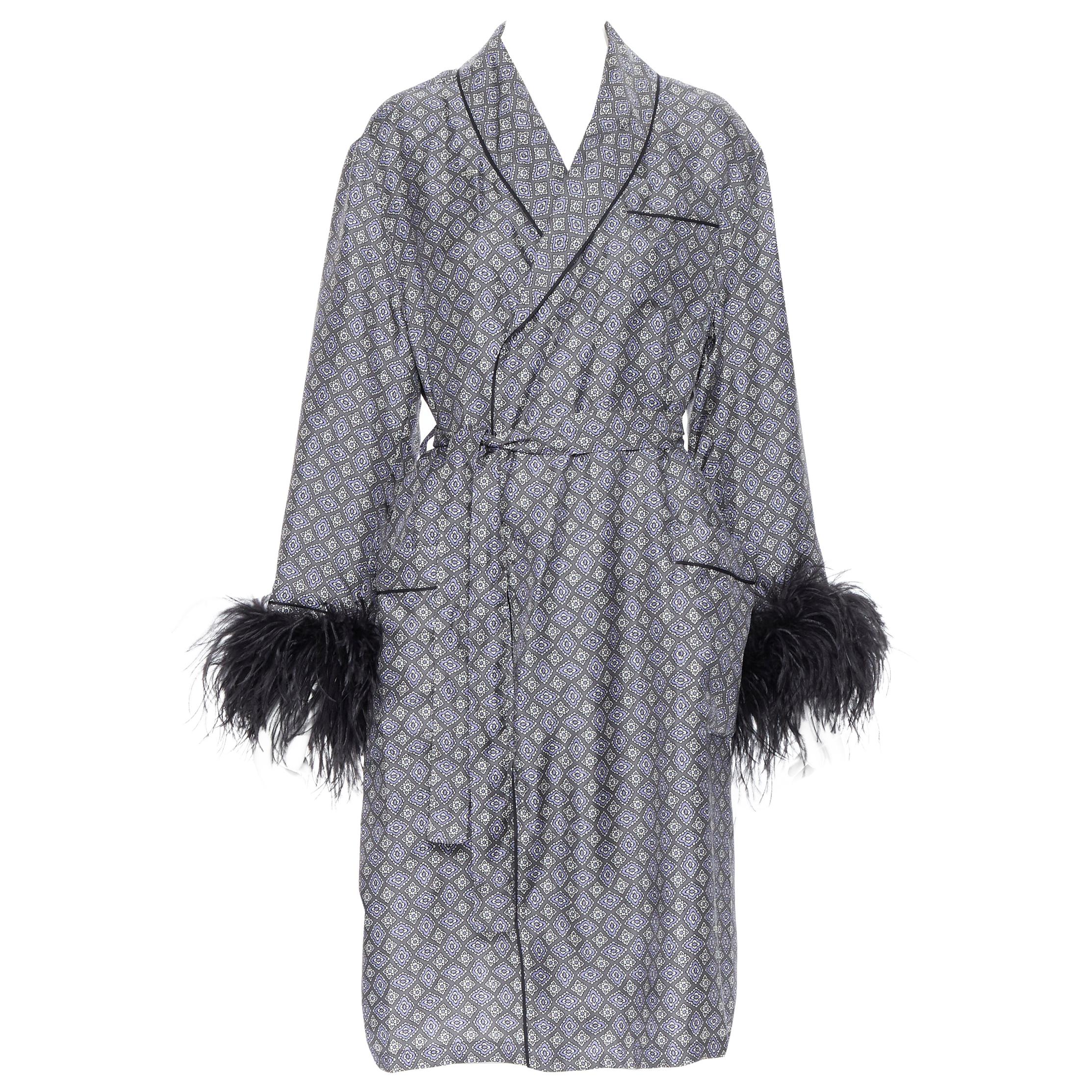 new PRADA 100% silk blue green paisley print black feather cuff robe jacket M