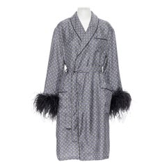 new PRADA 100% silk blue green paisley print black feather cuff robe jacket M