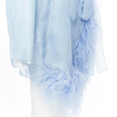 new PRADA 100% silk blue sheer feather trimmed hem belted shawl robe coat M