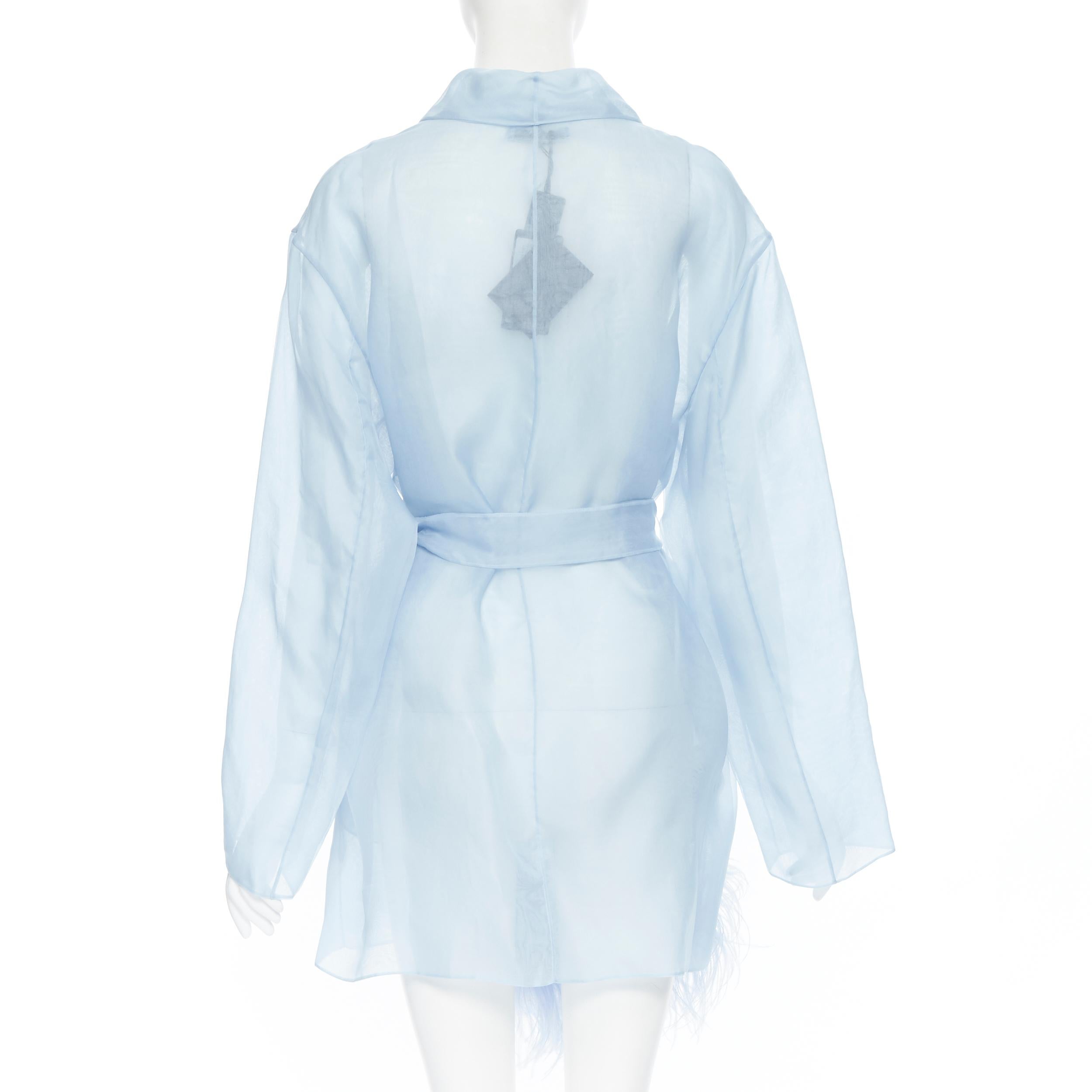 new PRADA 100% silk blue sheer feather trimmed hem belted shawl robe coat M In New Condition In Hong Kong, NT