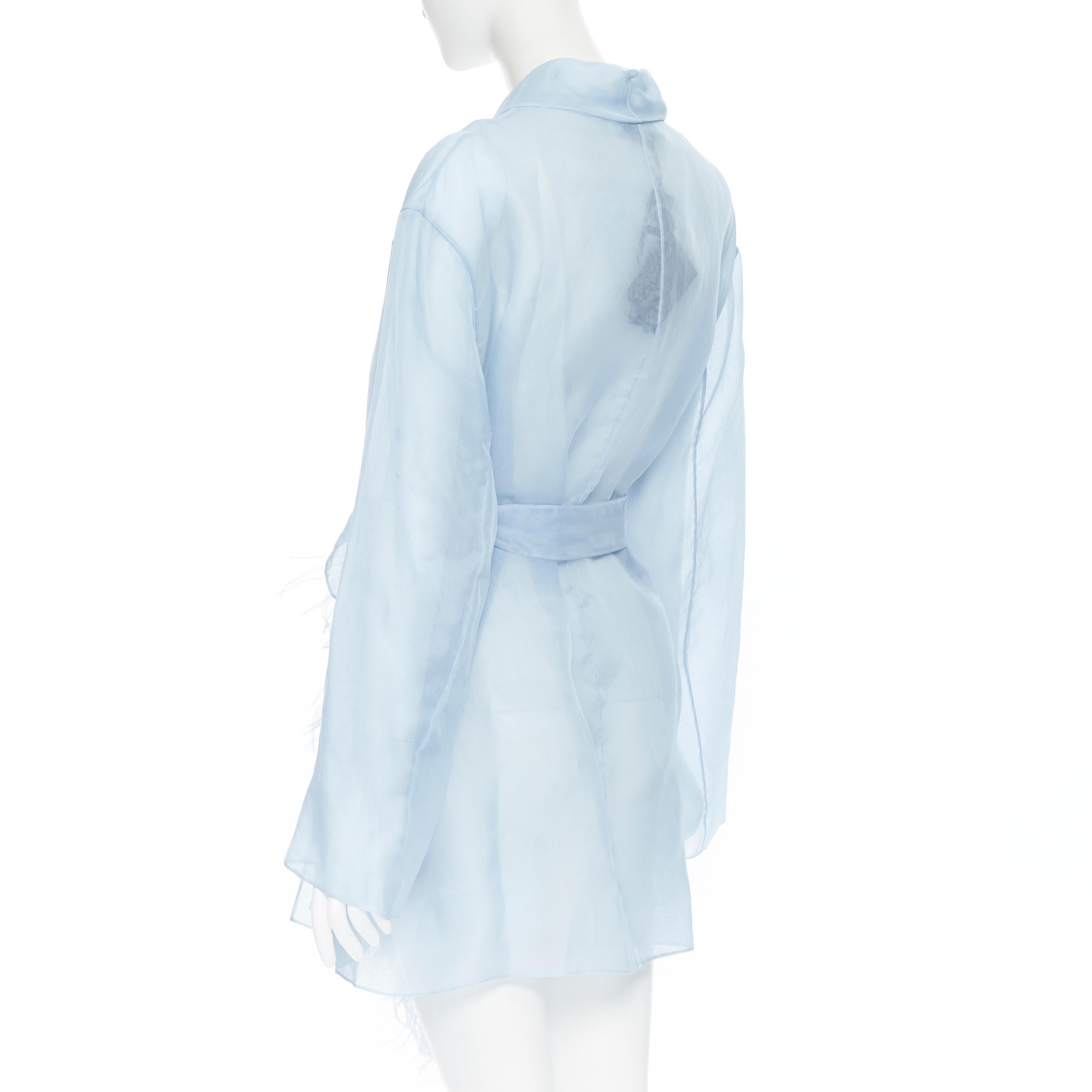 Women's new PRADA 100% silk blue sheer feather trimmed hem belted shawl robe coat M