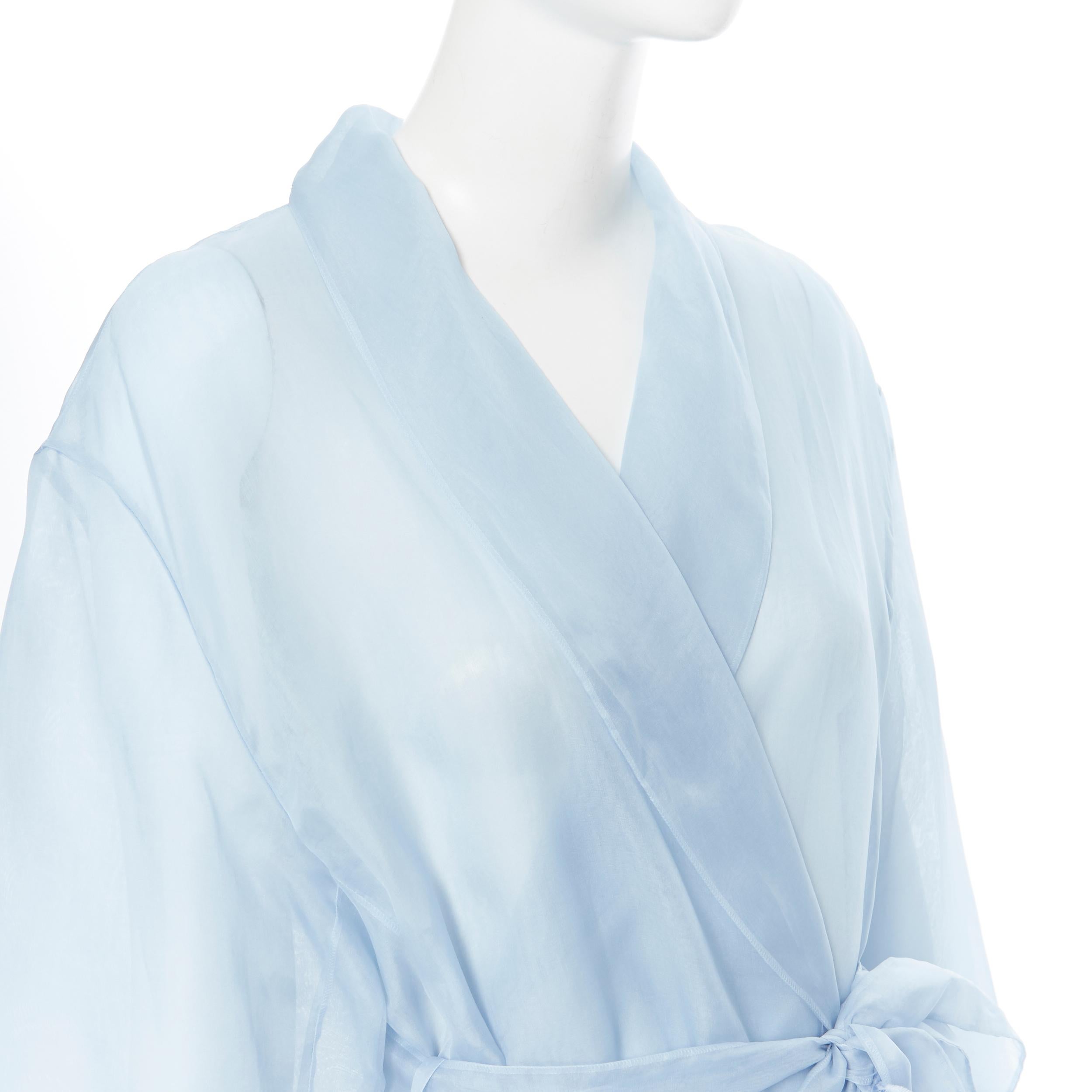 new PRADA 100% silk blue sheer feather trimmed hem belted shawl robe coat M 1