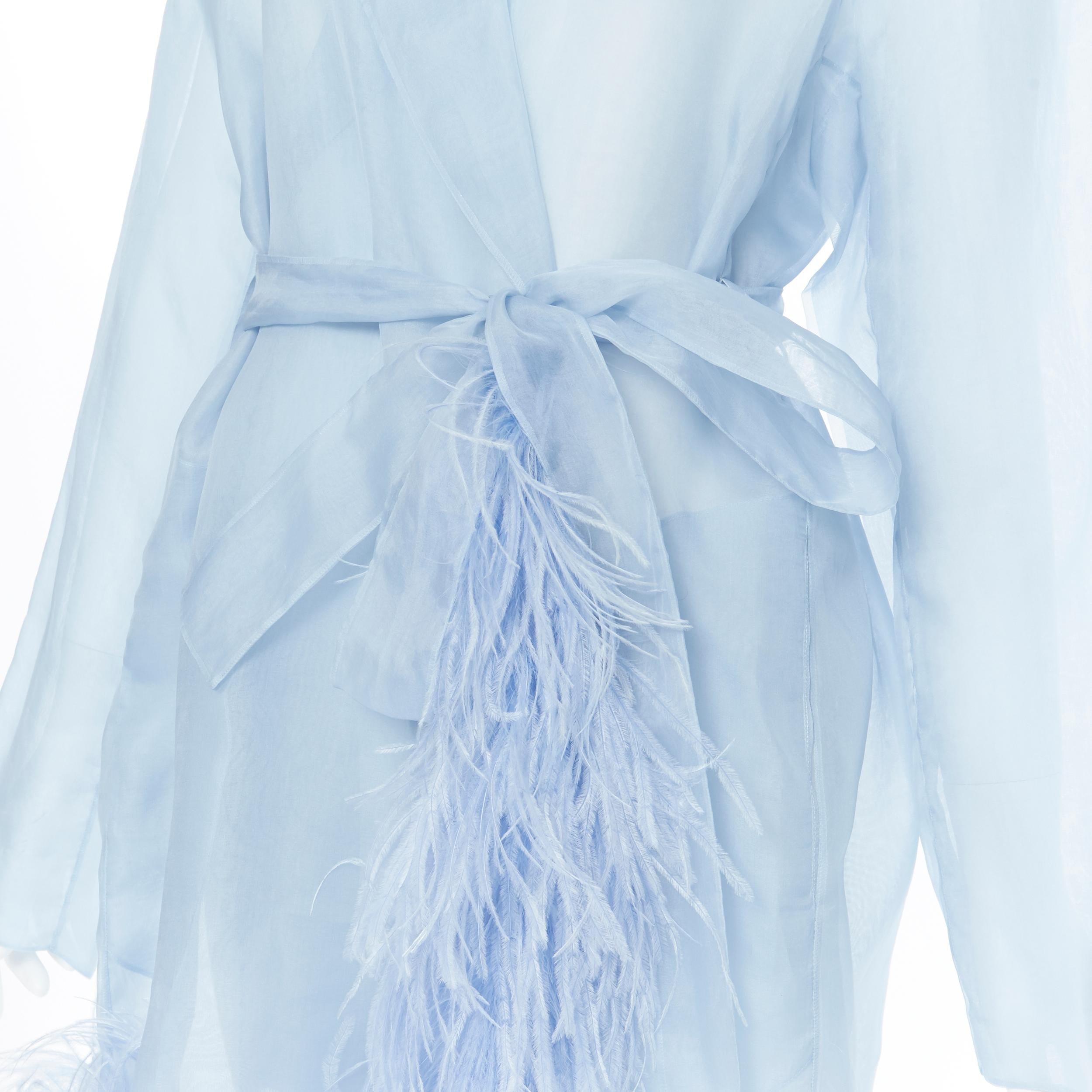 new PRADA 100% silk blue sheer feather trimmed hem belted shawl robe coat M 2