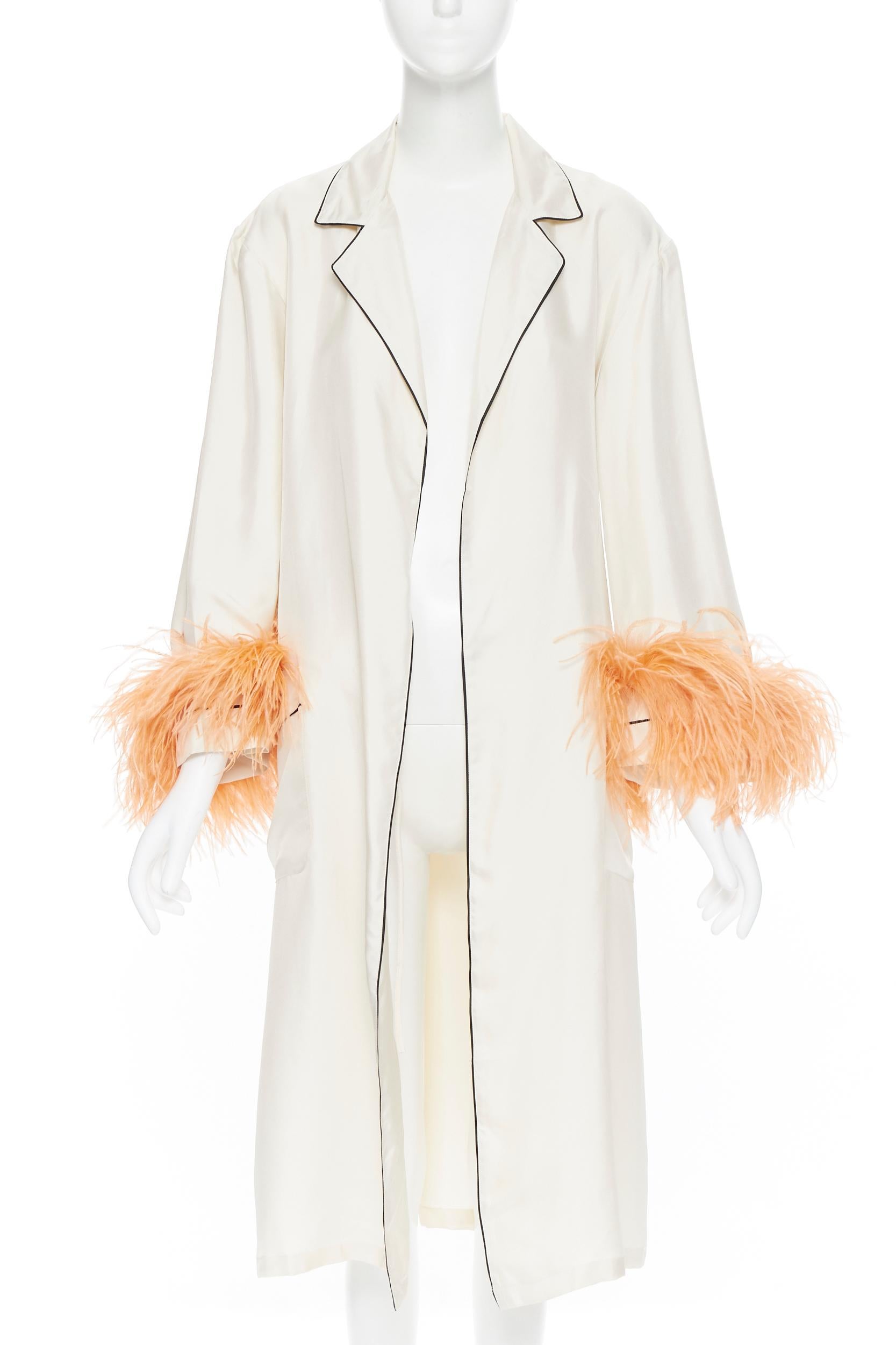Beige new PRADA 100% silk cream black piping orange feather cuff robe jacket Rihanna M