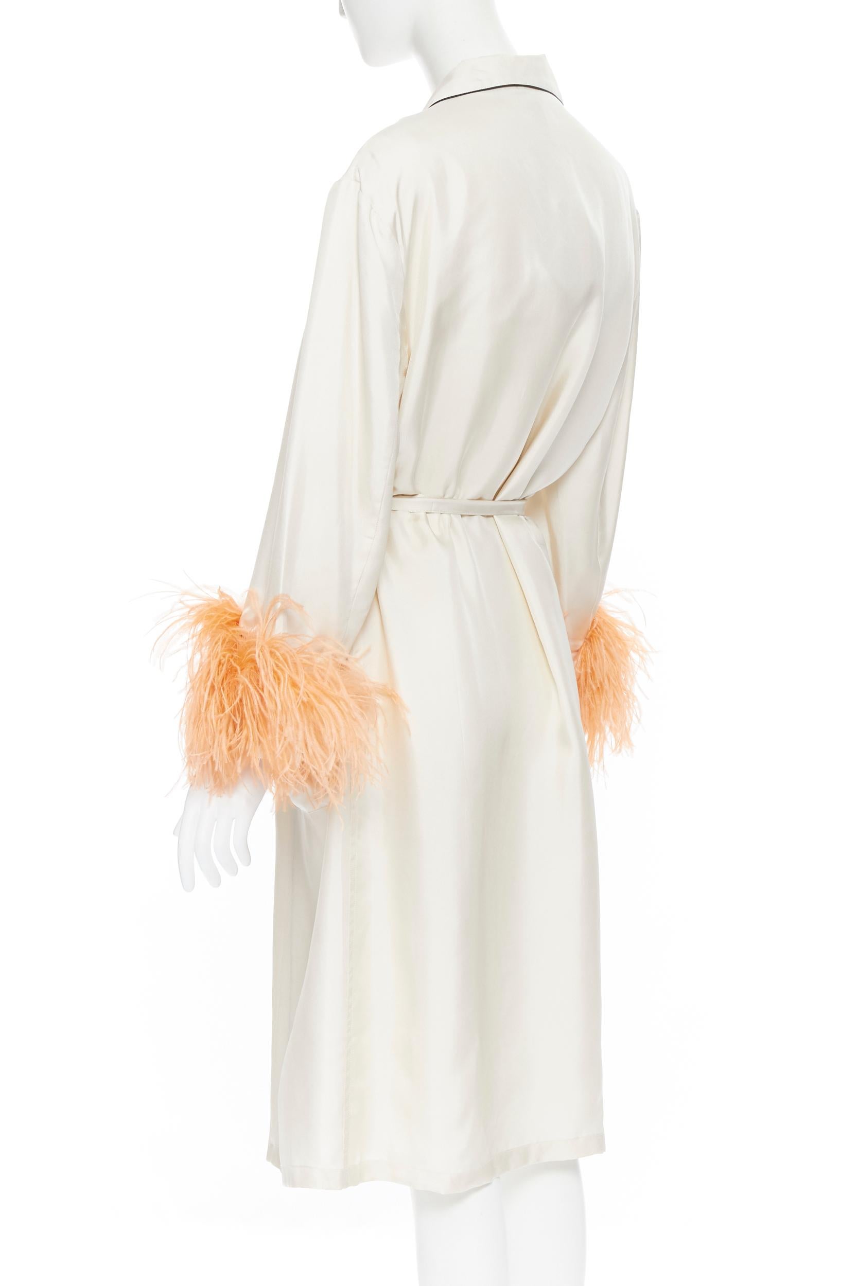 Women's new PRADA 100% silk cream black piping orange feather cuff robe jacket Rihanna M