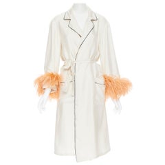 new PRADA 100% silk cream black piping orange feather cuff robe jacket Rihanna M