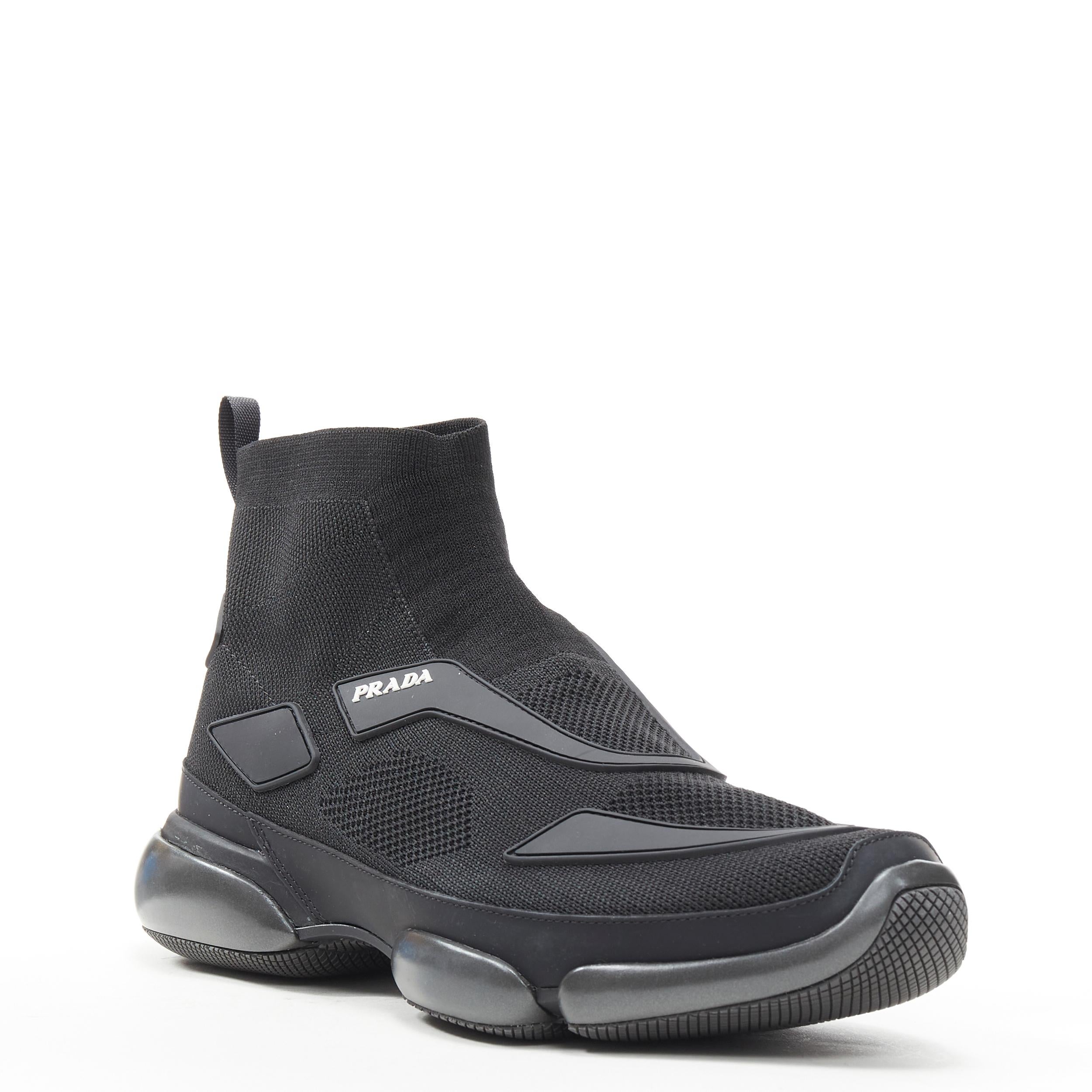 new PRADA 2017 Cloudbust black knit high top metal midsole sneaker UK7.5 EU41.5 
Reference: TGAS/B00927 
Brand: Prada 
Designer: Miuccia Prada 
Model: Cloudbust 
High Collection: 2017 
Material: Fabric 
Color: Black 
Pattern: Solid 
Extra Detail: