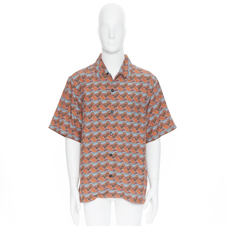 Brown new PRADA 2017 orange blue ethnic geometric print Hawaiian bowling shirt S For Sale