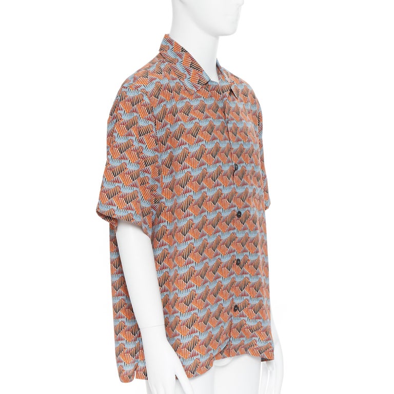 new PRADA 2017 orange blue ethnic geometric print Hawaiian bowling shirt S In New Condition For Sale In Hong Kong, NT