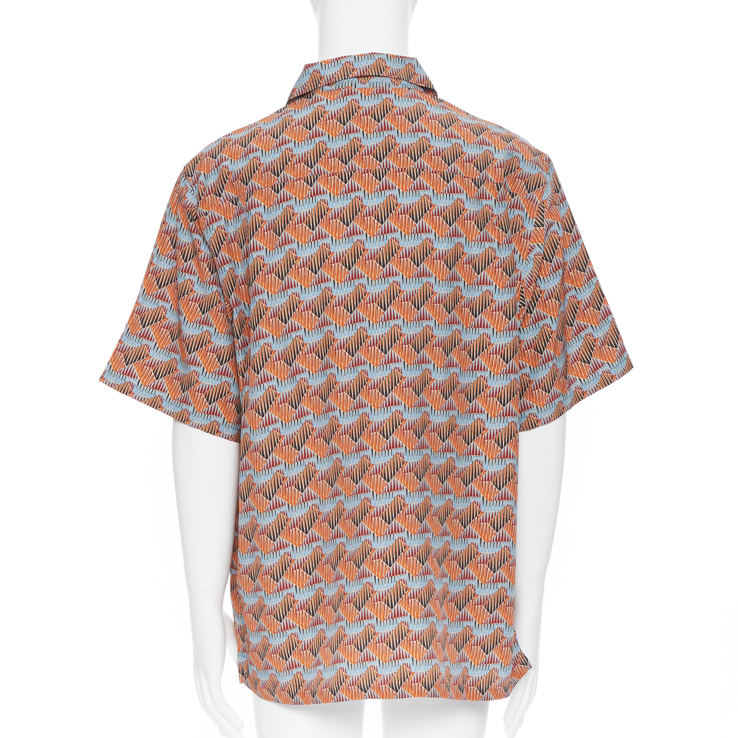new PRADA 2017 orange blue ethnic geometric print Hawaiian bowling shirt S In New Condition In Hong Kong, NT