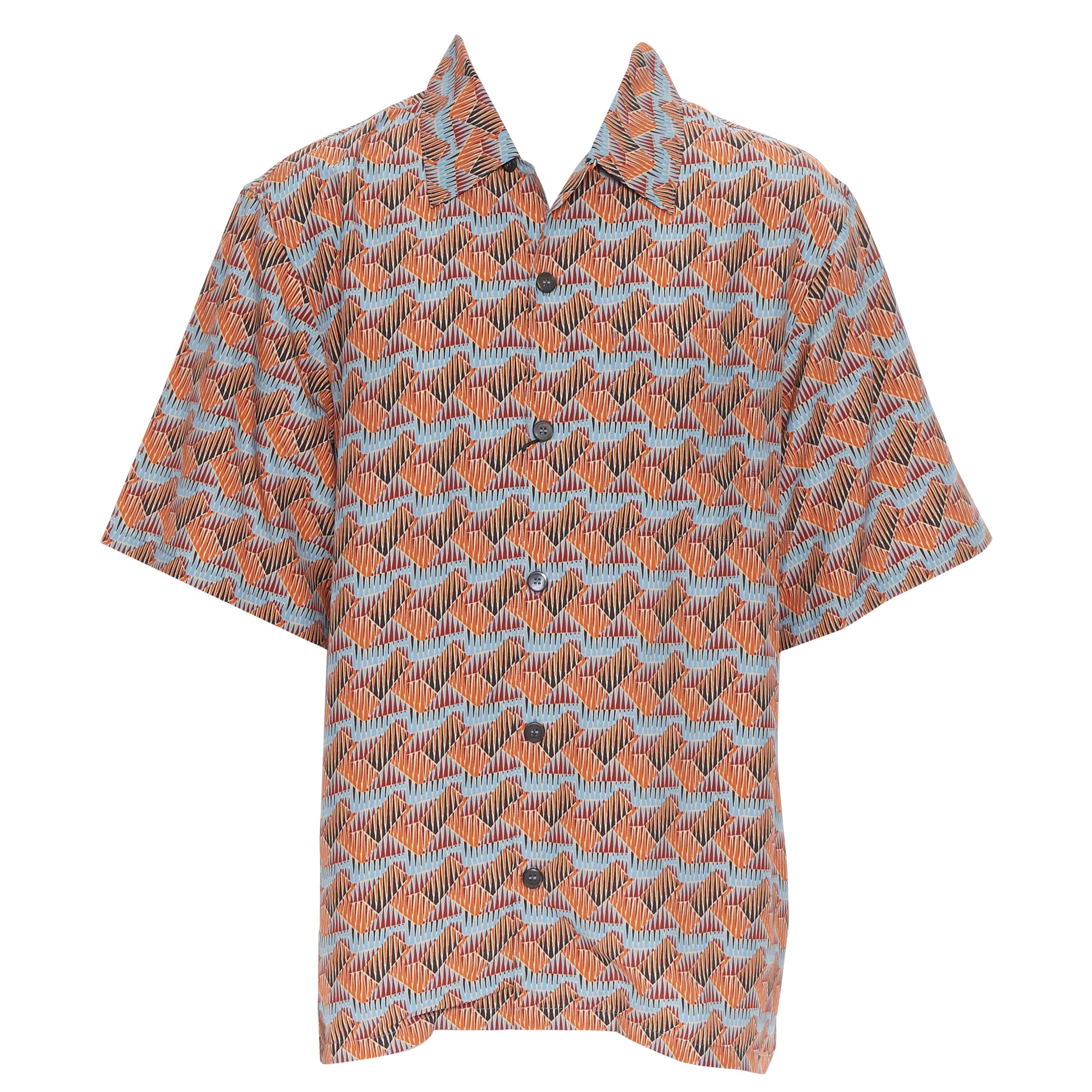 new PRADA 2017 orange blue ethnic geometric print Hawaiian bowling shirt S
