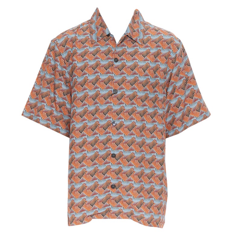 new PRADA 2017 orange blue ethnic geometric print Hawaiian bowling shirt S For Sale