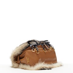 new  PRADA 2017 Runway Corsaire fox fur brown stud leather tassel shoulder bag