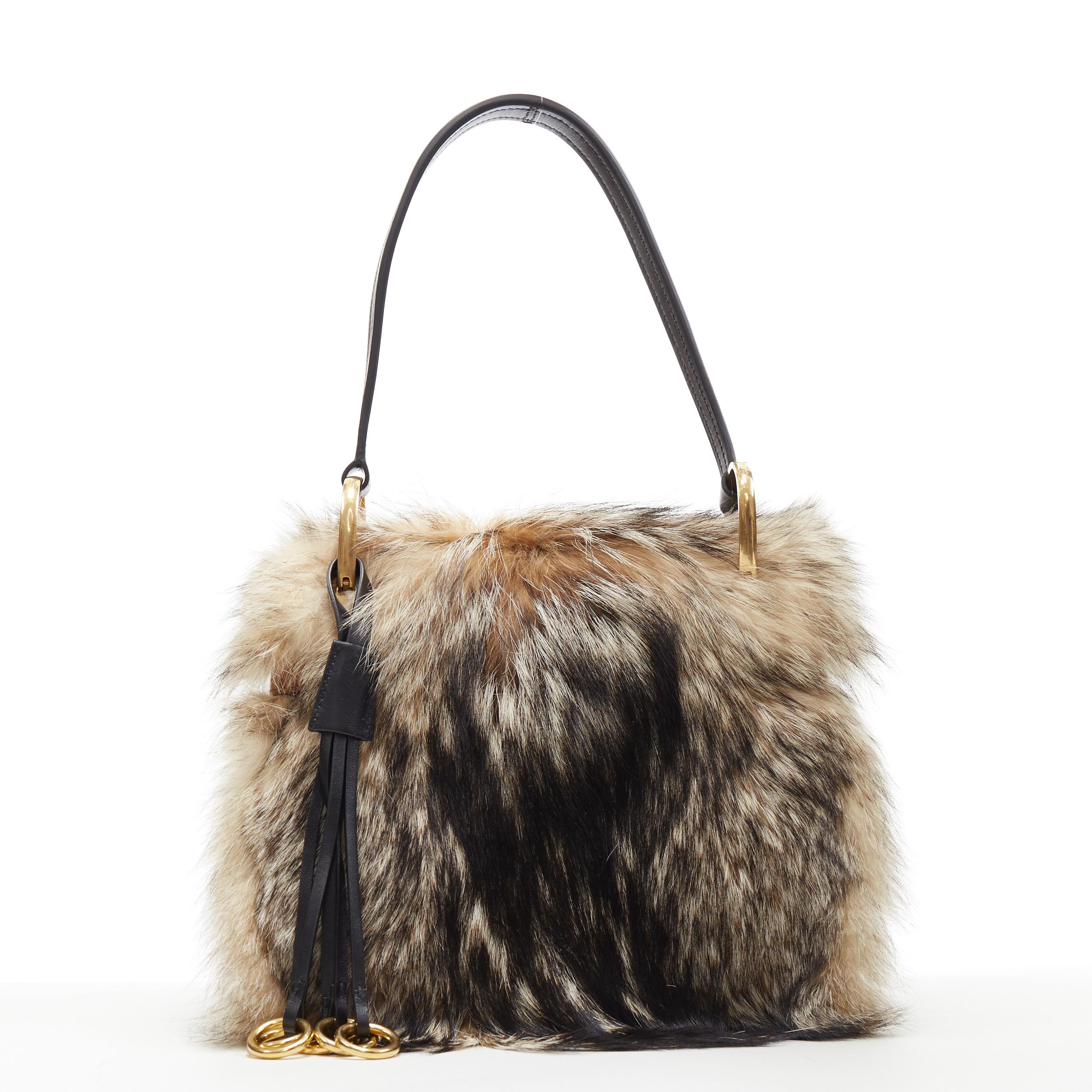 Brown new  PRADA 2017 Runway Corsaire fox fur brown stud leather tassel shoulder bag