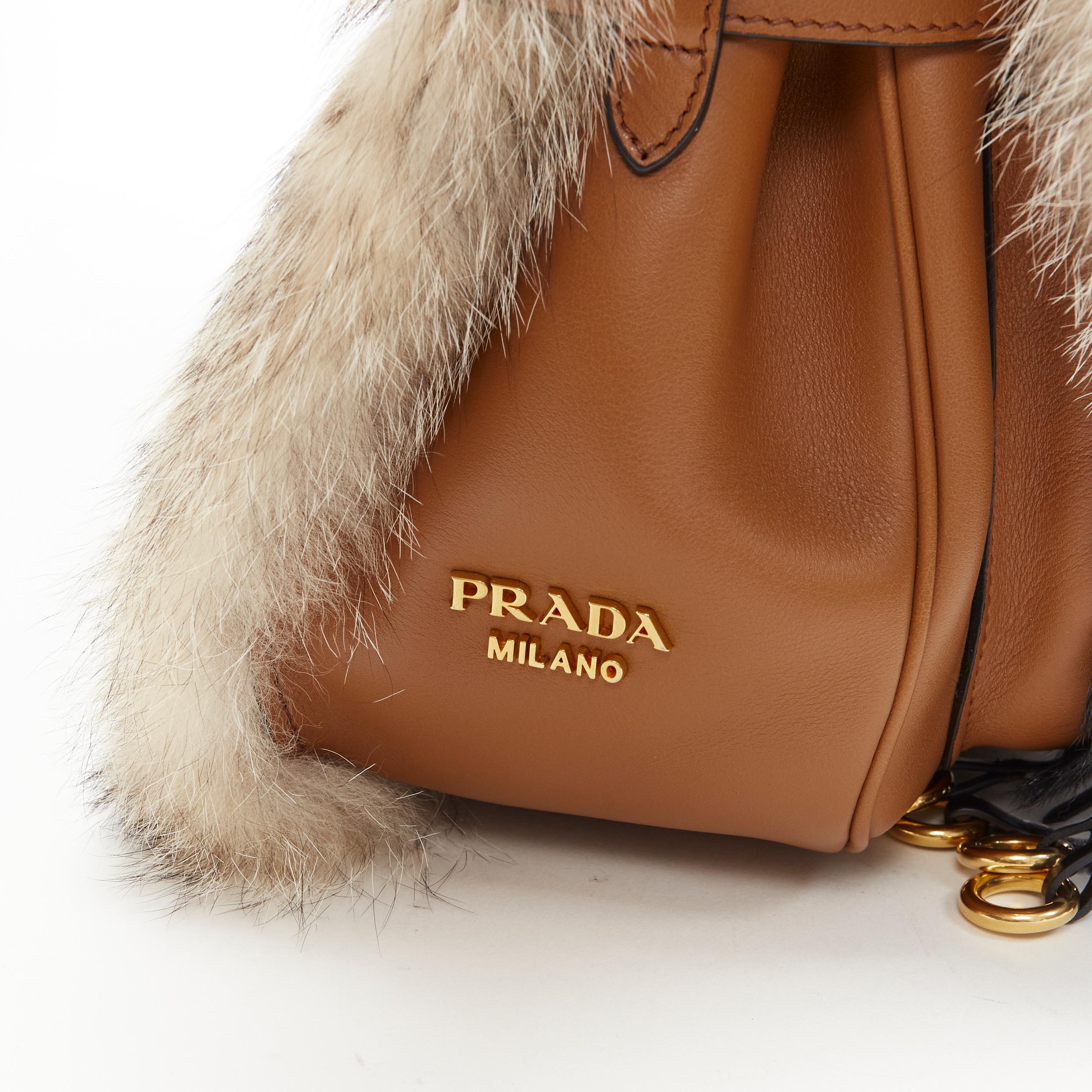 new  PRADA 2017 Runway Corsaire fox fur brown stud leather tassel shoulder bag In New Condition In Hong Kong, NT