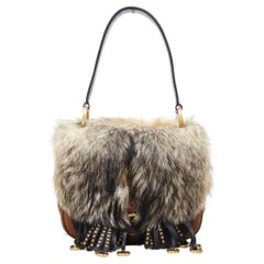 new  PRADA 2017 Runway Corsaire fox fur brown stud leather tassel shoulder bag