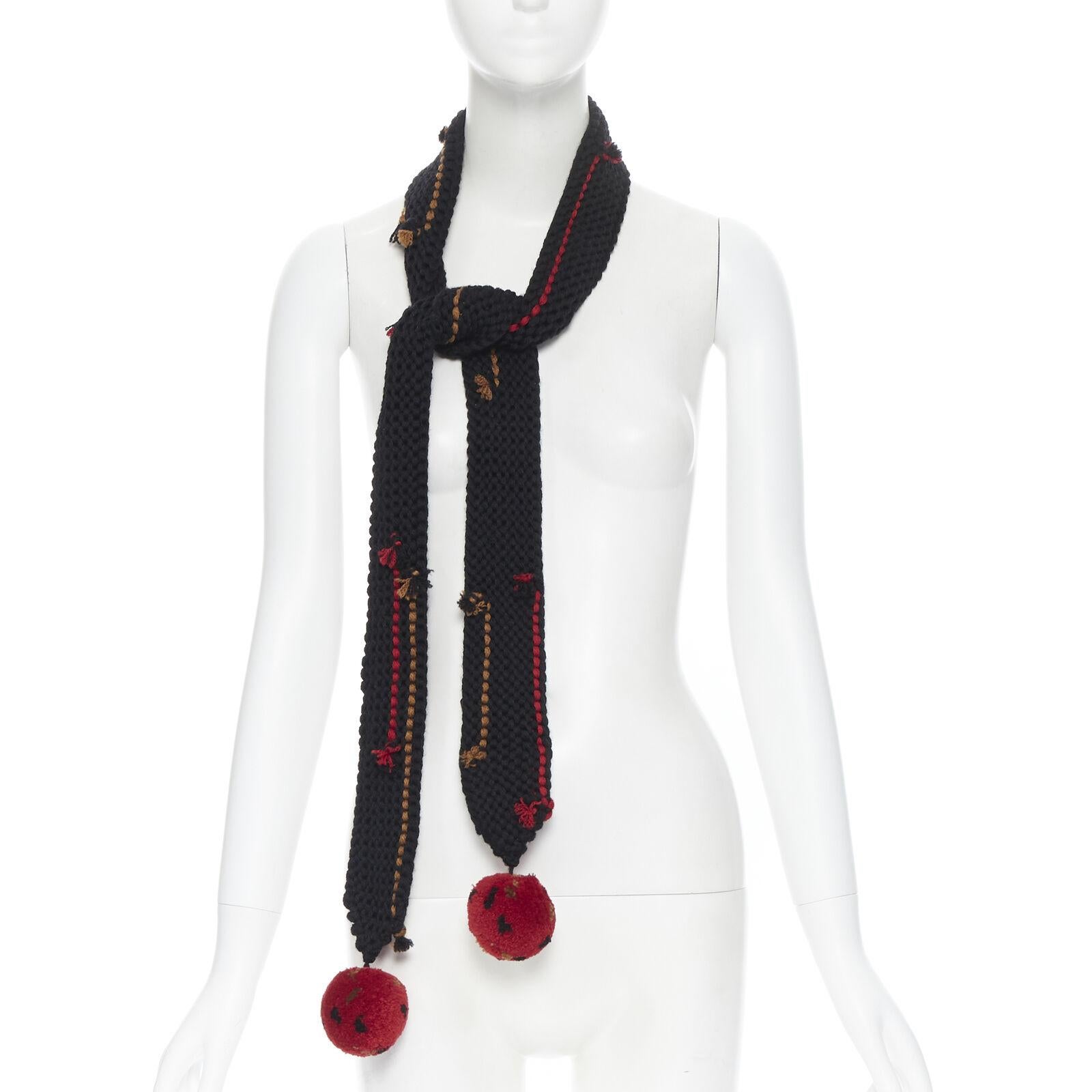new PRADA 2017 Runway Hand Made black crochet knit pom trim skinny long scarf In New Condition In Hong Kong, NT