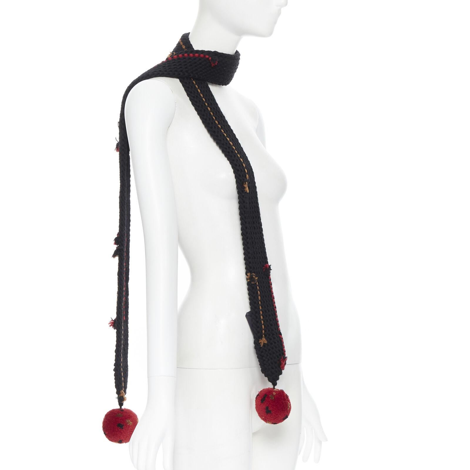 new PRADA 2017 Runway Hand Made black crochet knit pom trim skinny long scarf Pour femmes en vente