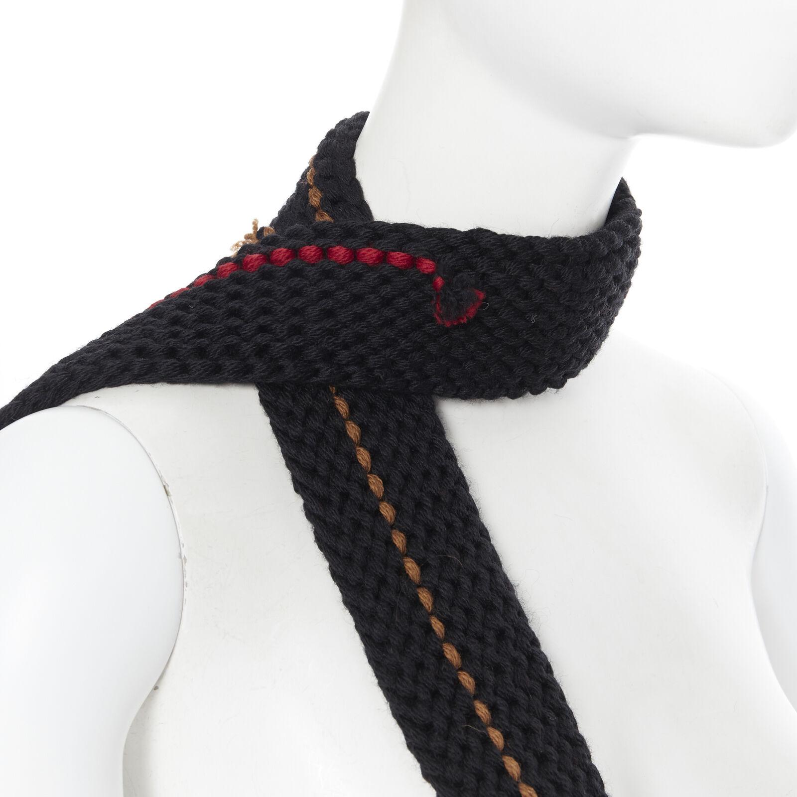 new PRADA 2017 Runway Hand Made black crochet knit pom trim skinny long scarf For Sale 3