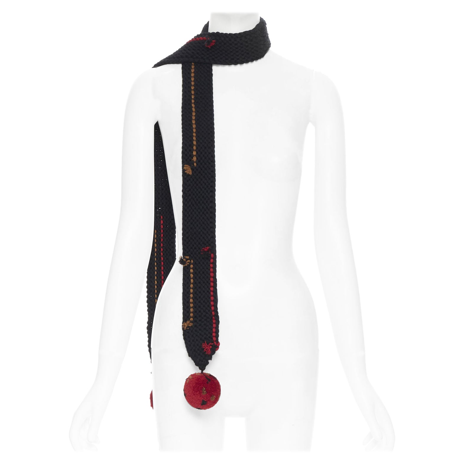 new PRADA 2017 Runway Hand Made black crochet knit pom trim skinny long scarf