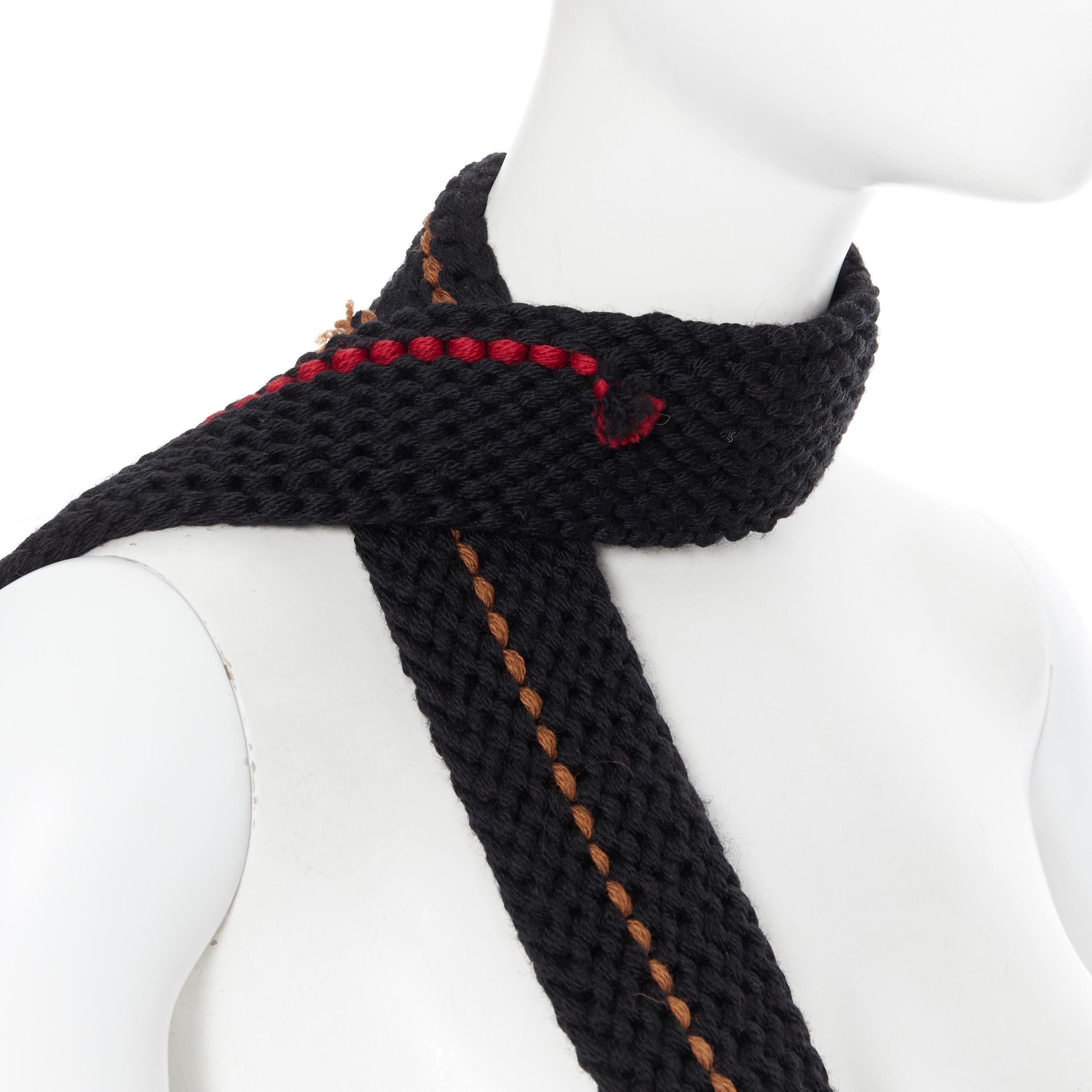 Black new PRADA 2017 Runway Hand Made black crochet knit red pom skinny long scarf