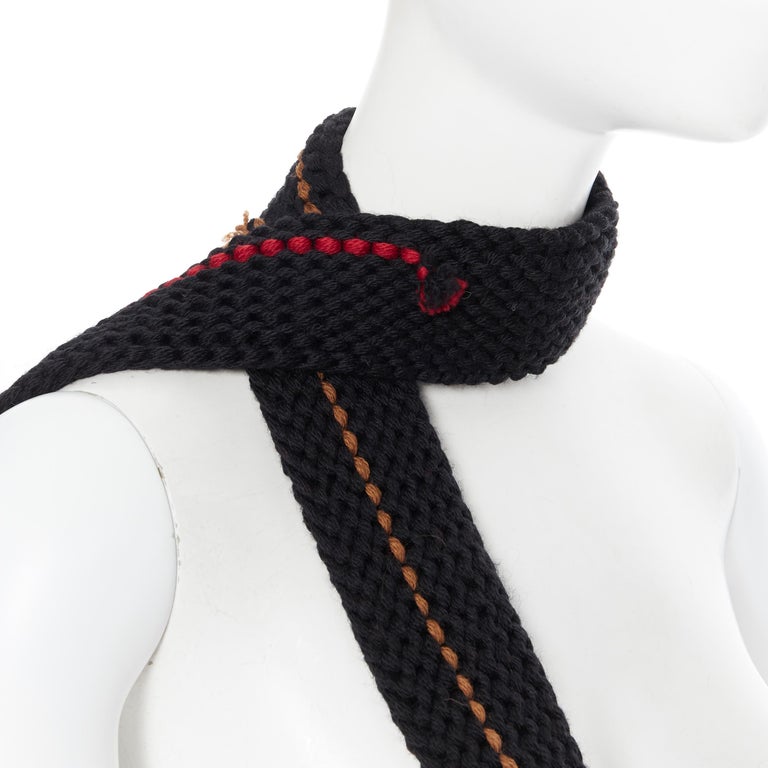 new PRADA 2017 Runway Hand Made black crochet knit red pom skinny long scarf For Sale 1