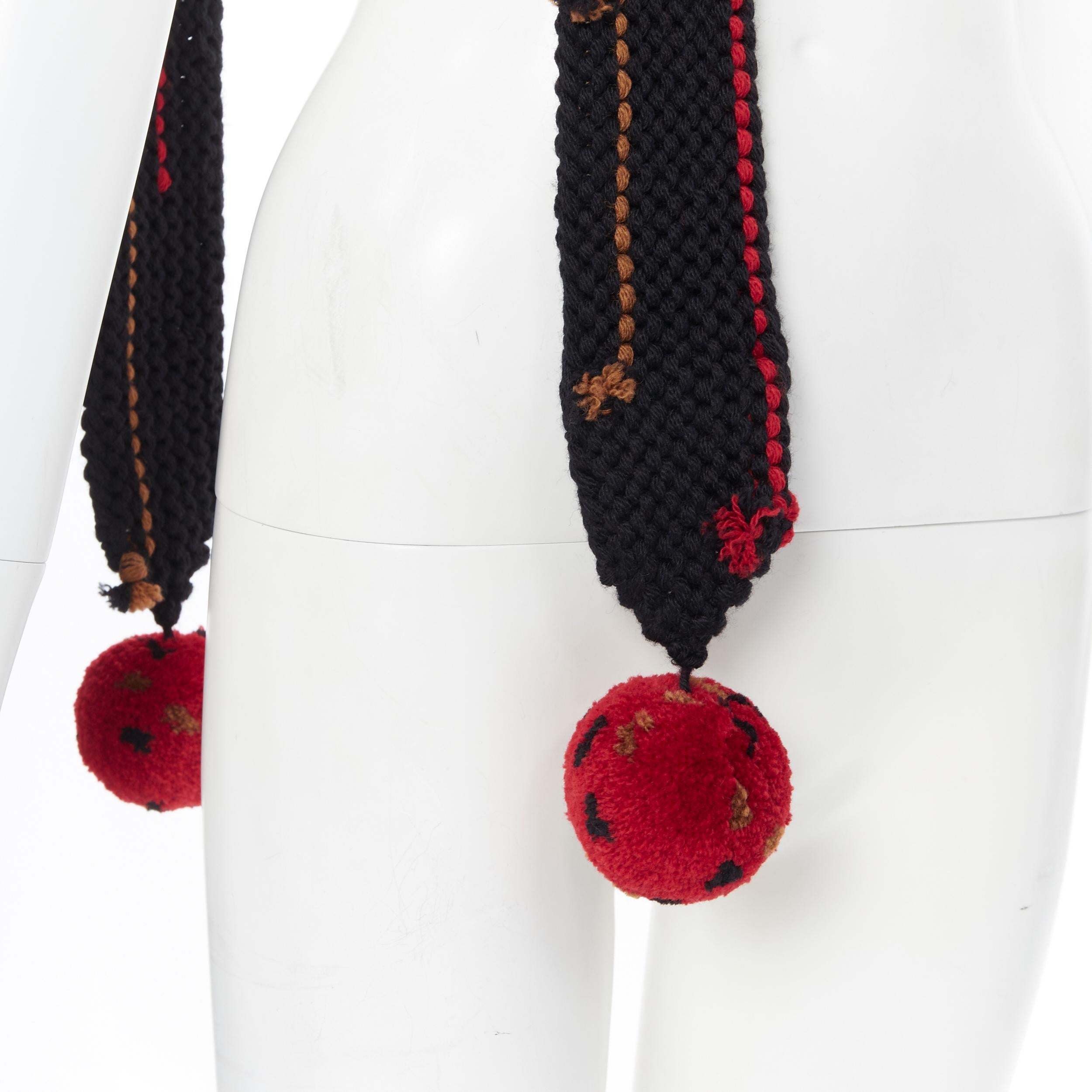 new PRADA 2017 Runway Hand Made black crochet knit red pom skinny long scarf In New Condition In Hong Kong, NT