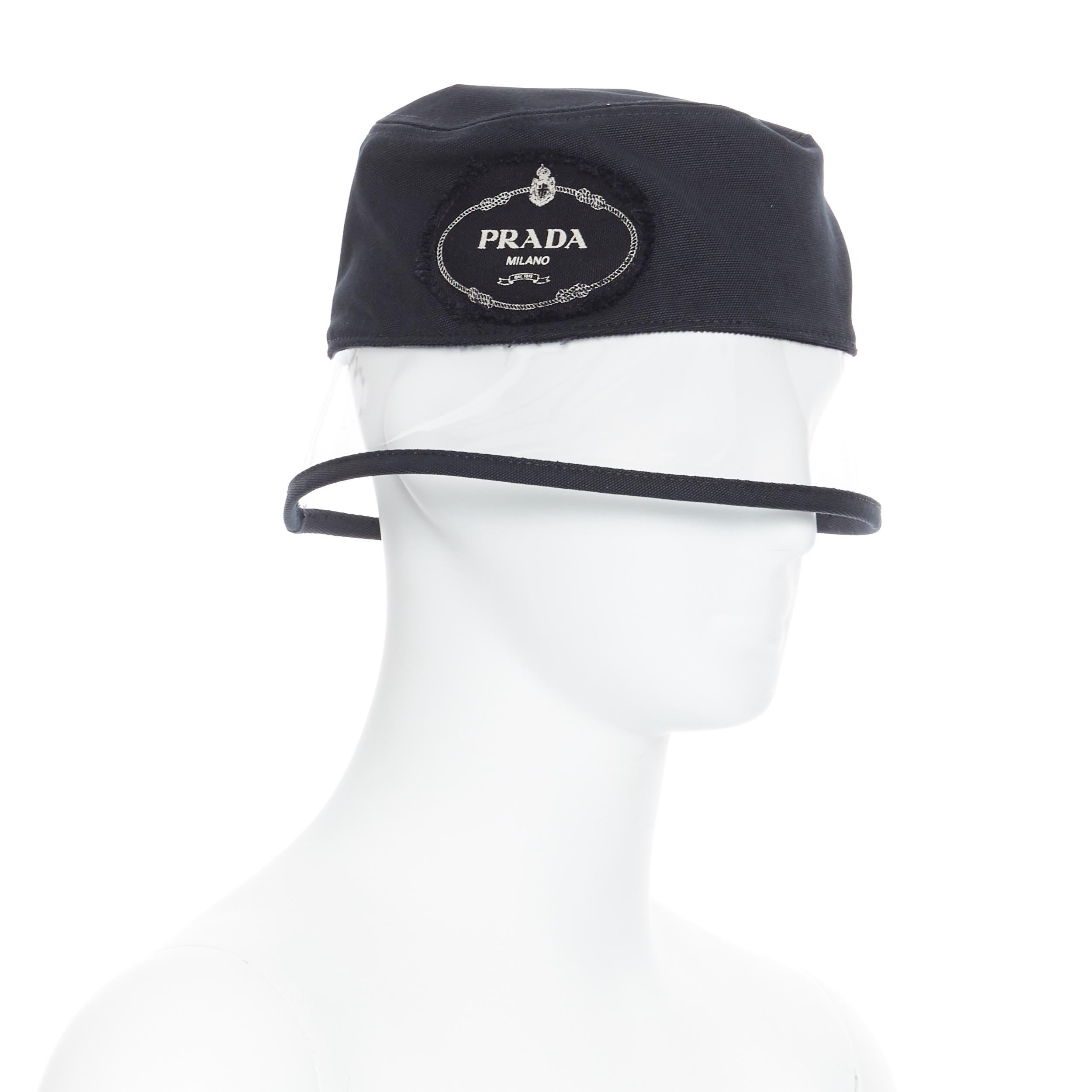 new PRADA 2018 black cotton frayed logo clear PVC brim shield 90's bucket hat M In New Condition In Hong Kong, NT