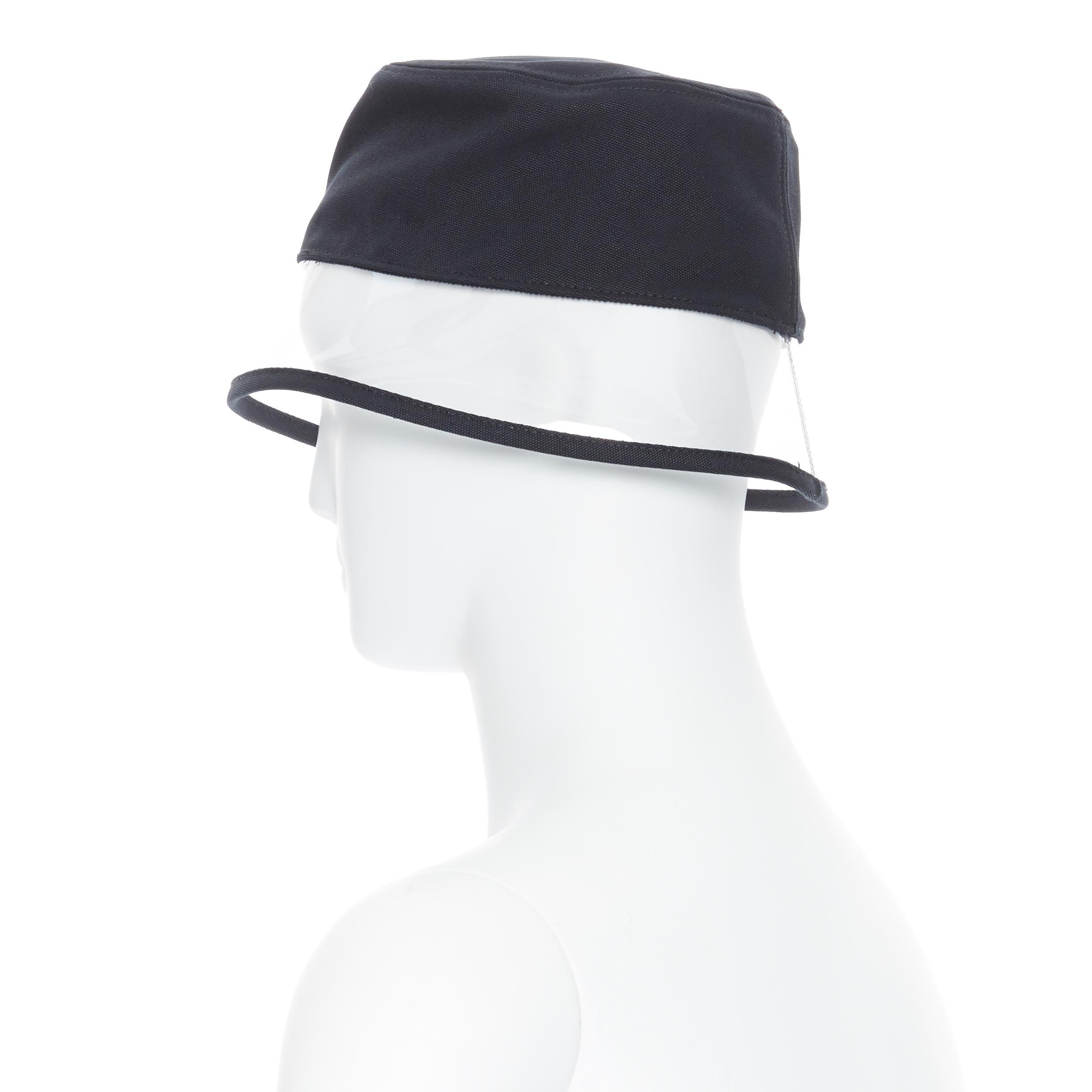 Women's new PRADA 2018 black cotton frayed logo clear PVC brim shield 90's bucket hat M