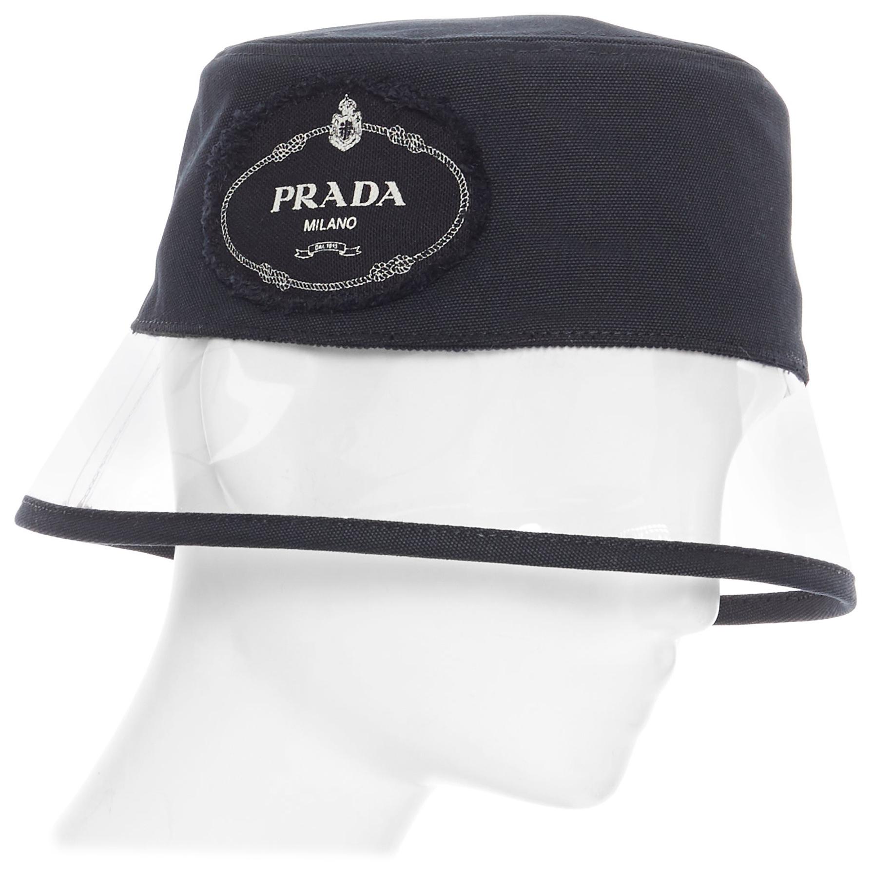 new PRADA 2018 black cotton frayed logo clear PVC brim shield 90's bucket hat M