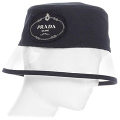 new PRADA 2018 black cotton frayed logo clear PVC brim shield 90's bucket hat S