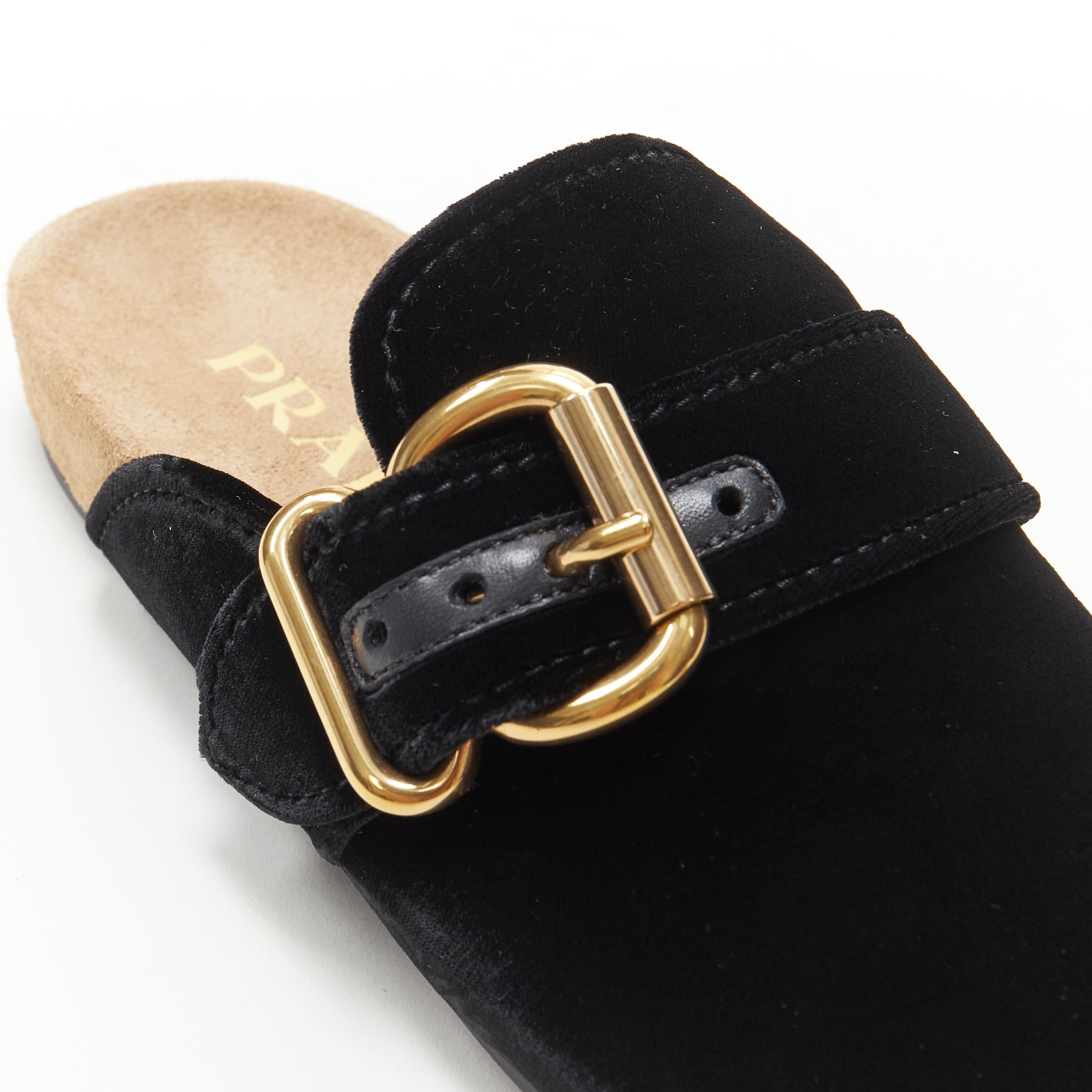 Women's new PRADA 2018 black velvet gold buckle round toe mule clog birkenstock EU36 US6