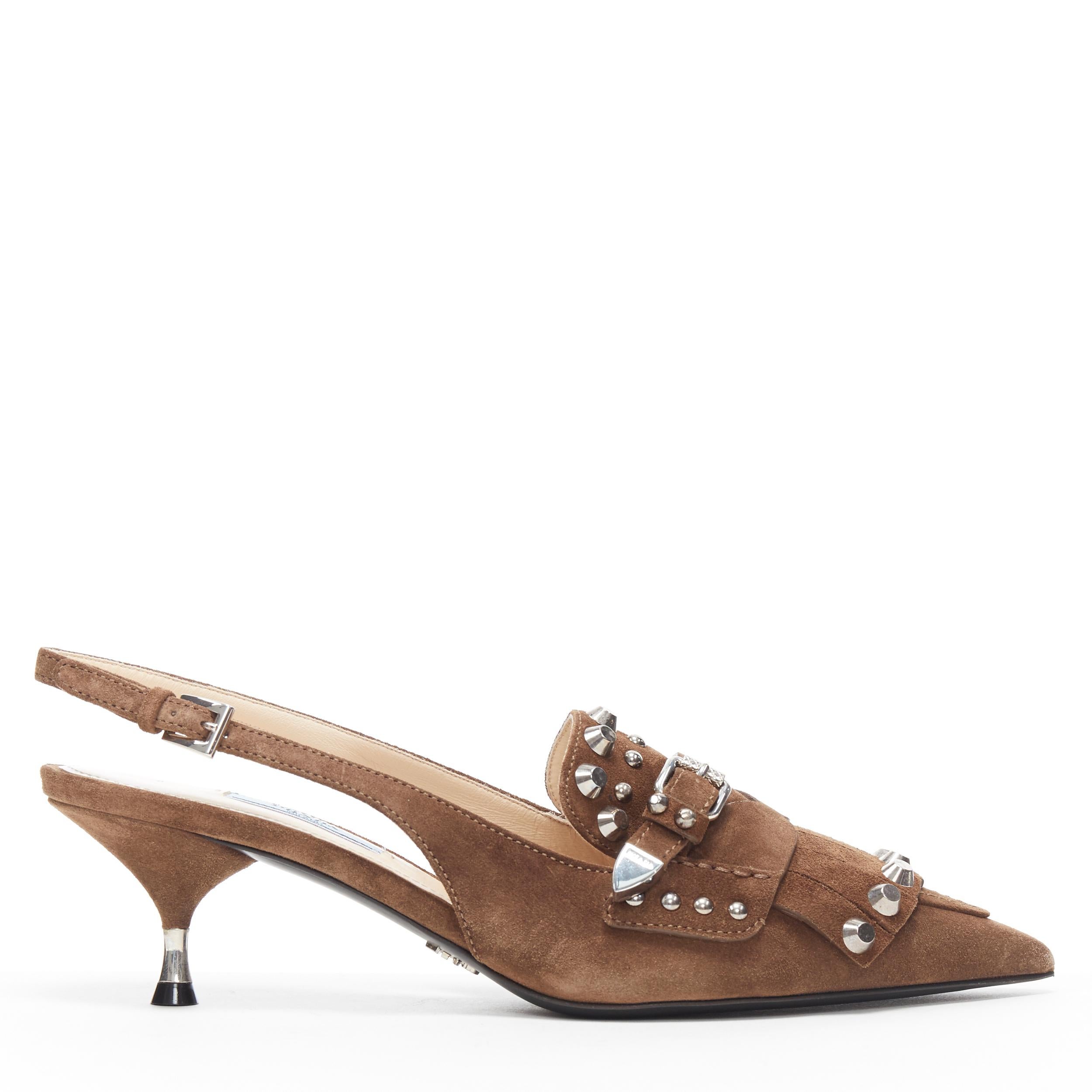 new PRADA 2018 brown suede fringe brogue punk stud pin kitten heel EU38 US8
Brand: Prada
Designer: Miuccia Prada
Collection: Spring Summer 2018
Model Name / Style: Studded kitten heel
Material: Suede
Color: Brown
Pattern: Solid
Closure: Buckle
Extra