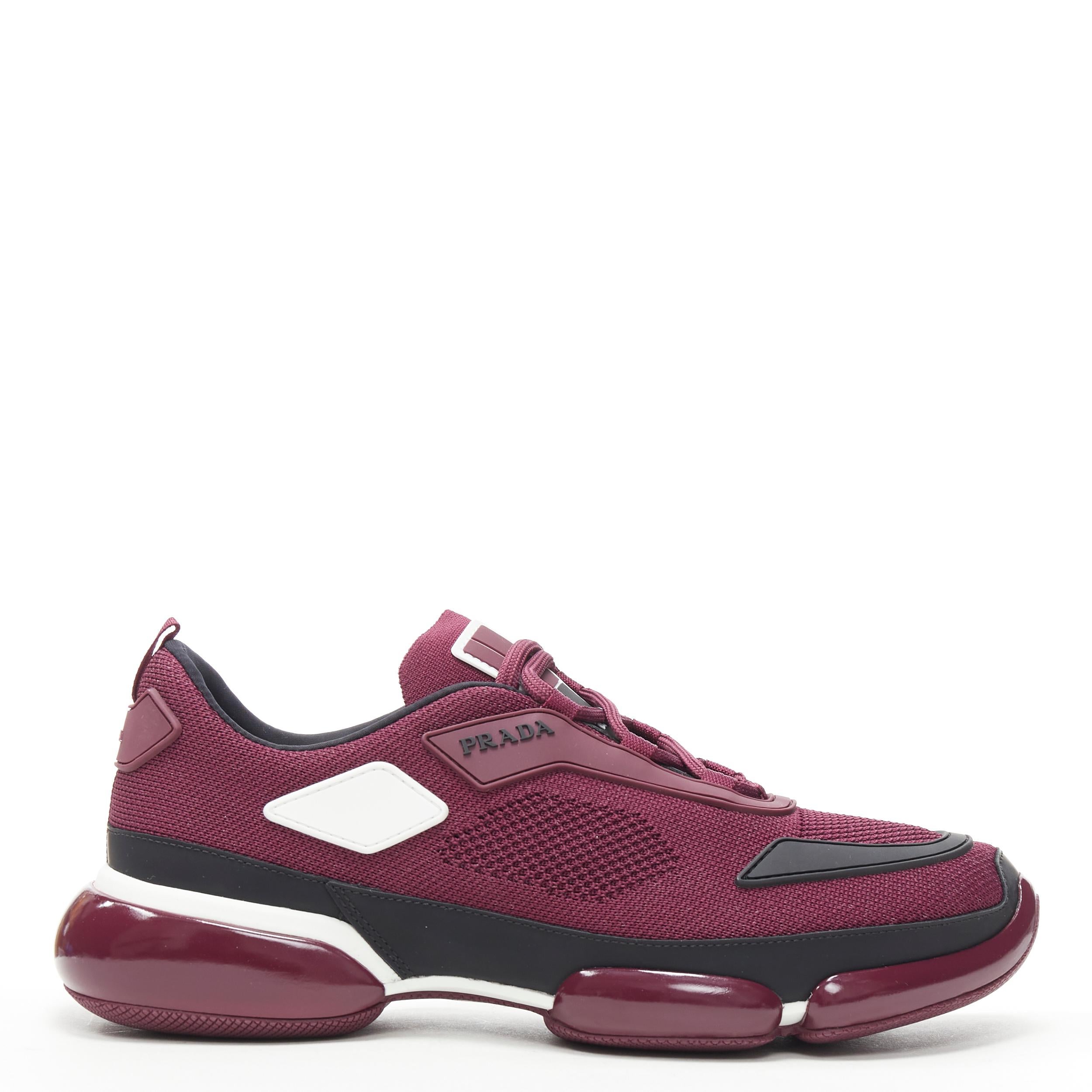 new PRADA 2018 Cloudbust burgundy red rubber logo low top sneaker UK6 EU40 US7 
Reference: TGAS/B00943 
Brand: Prada 
Designer: Miuccia Prada 
Model: Cloudbust Burgundy 
Collection: 2018 
Material: Fabric 
Color: Burgundy 
Pattern: Solid 
Closure: