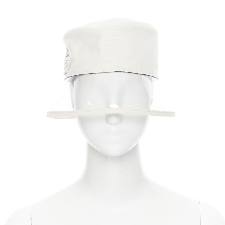 White new PRADA 2018 cream cotton frayed logo clear PVC brim shield 90's bucket hat M For Sale