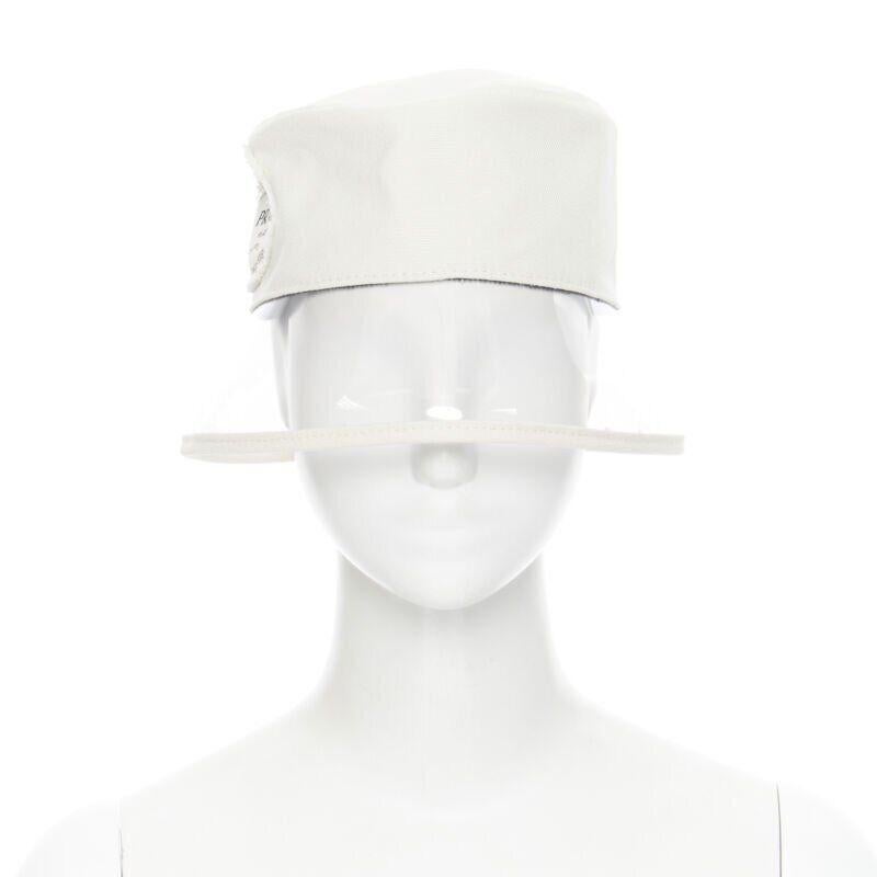 White new PRADA 2018 cream cotton frayed logo clear PVC brim shield 90's bucket hat M