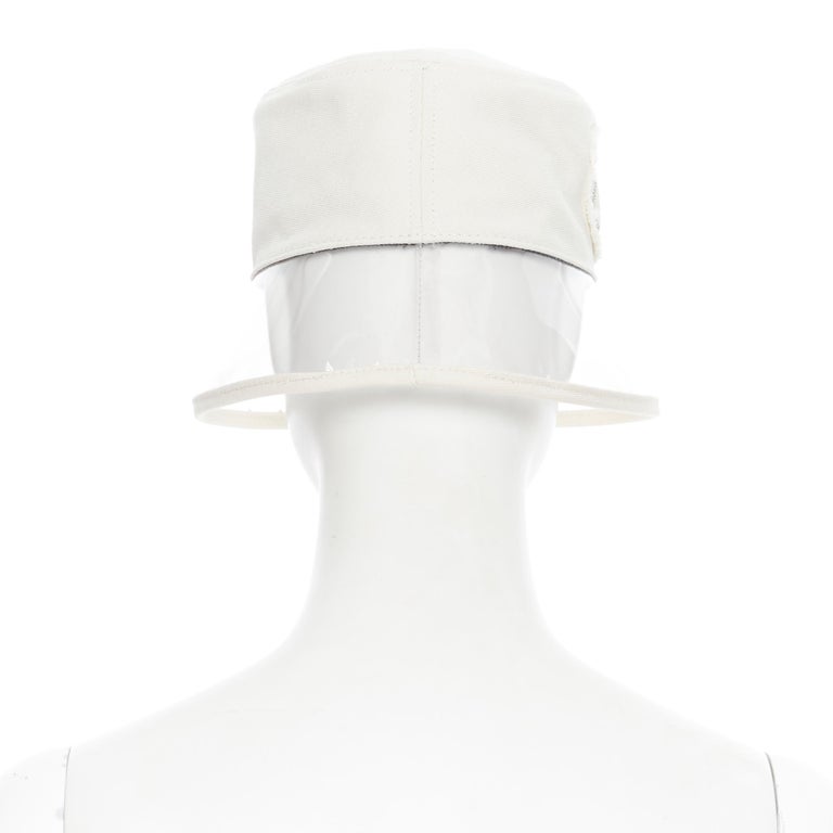 Women's new PRADA 2018 cream cotton frayed logo clear PVC brim shield 90's bucket hat M For Sale