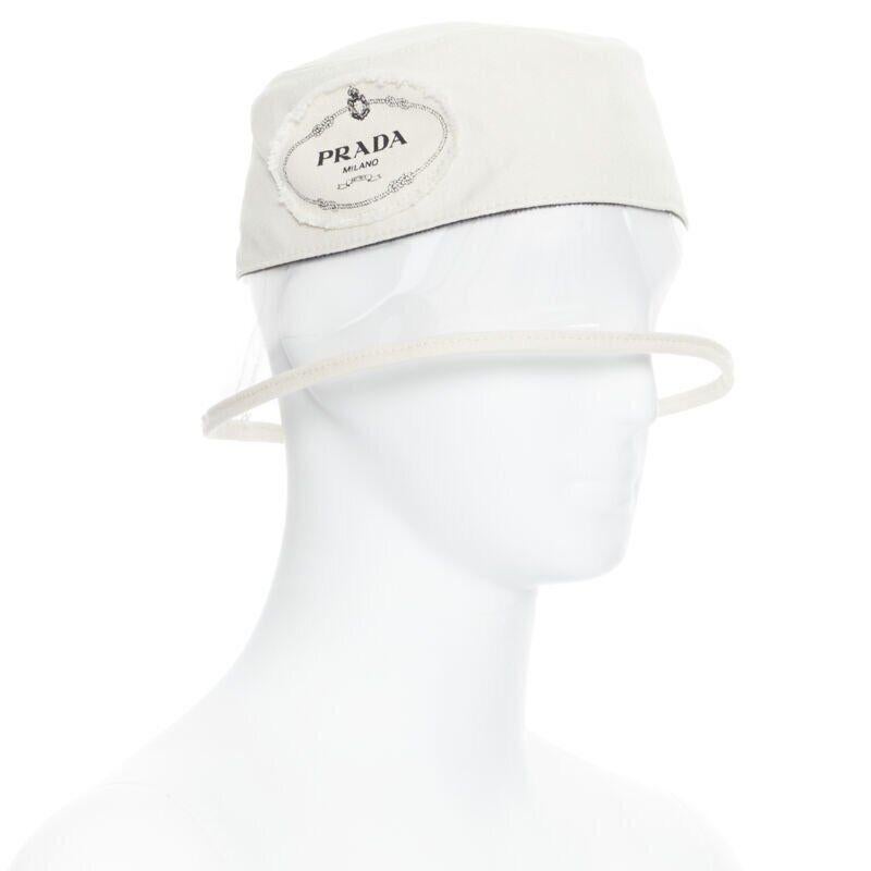 new PRADA 2018 cream cotton frayed logo clear PVC brim shield 90's bucket hat M 2