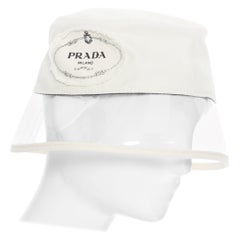 new PRADA 2018 cream cotton frayed logo clear PVC brim shield 90's bucket hat M
