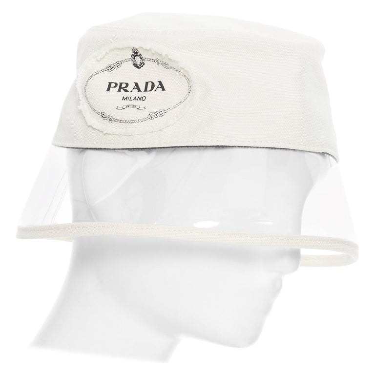 new PRADA 2018 cream cotton frayed logo clear PVC brim shield 90's bucket hat M For Sale