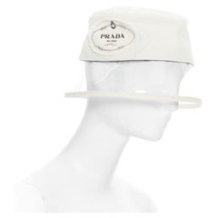 Used new PRADA 2018 cream cotton frayed logo clear PVC brim shield 90's bucket hat M