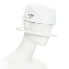 new PRADA 2018 cream cotton triangle logo clear PVC brim 90's bucket hat S