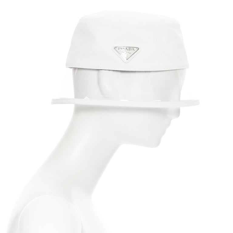 White new PRADA 2018 cream cotton triangle logo clear PVC brim 90's bucket hat S For Sale