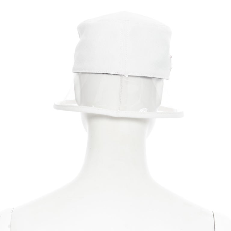 new PRADA 2018 cream cotton triangle logo clear PVC brim 90's bucket hat S In New Condition For Sale In Hong Kong, NT