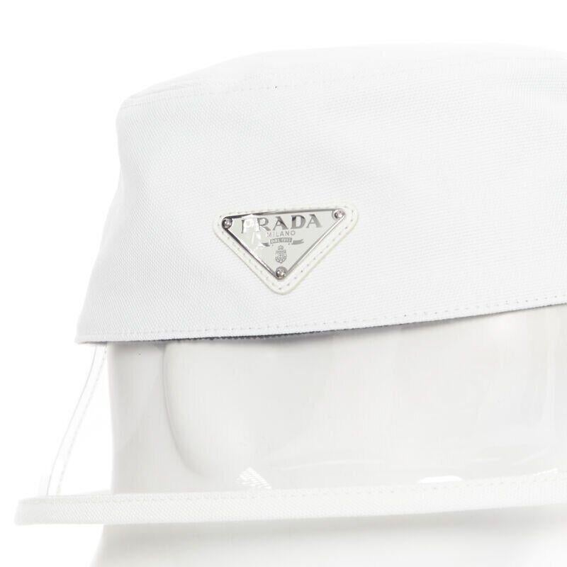 new PRADA 2018 cream cotton triangle logo clear PVC brim 90's bucket hat S 1